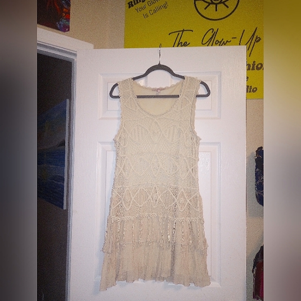Bohemian Beige Crochet 🧶 Mini Dress with bottom ruffles